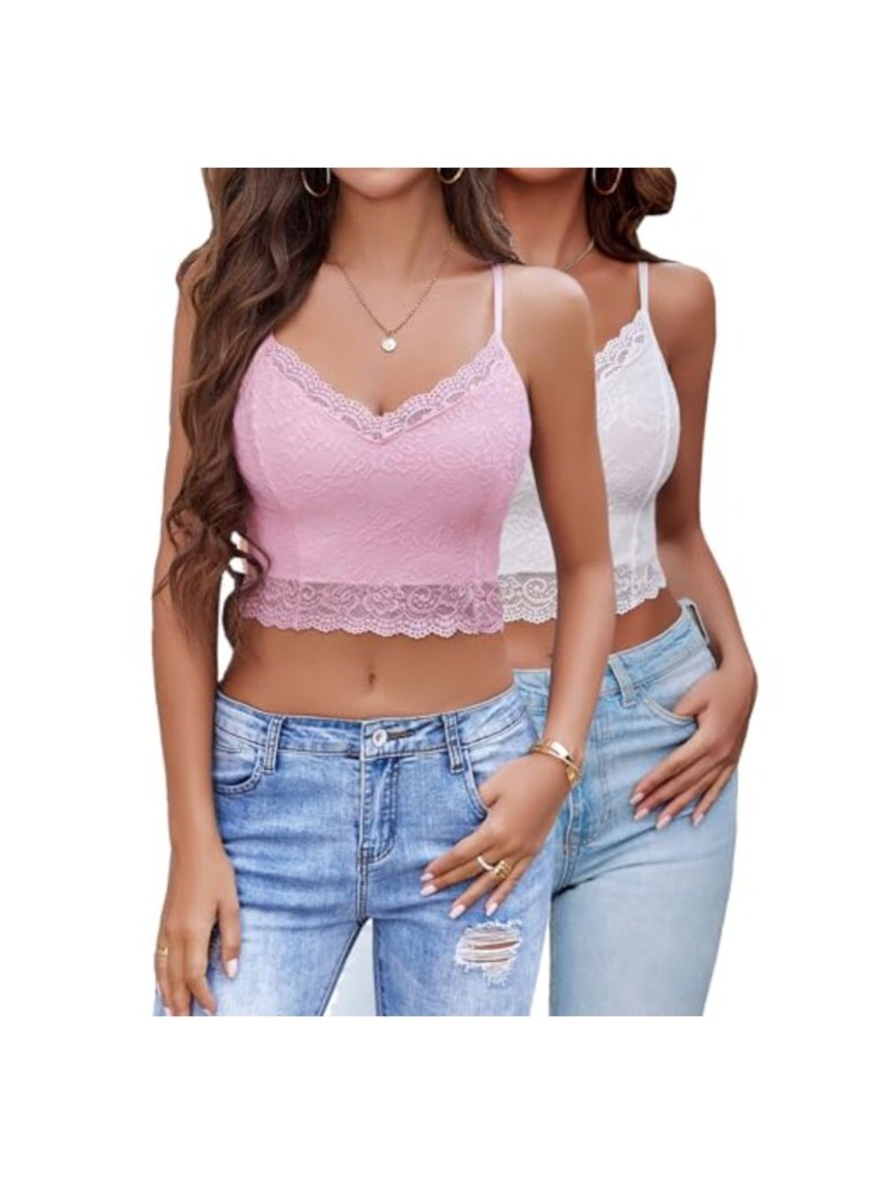 Lace Crop Top Bralette Pack of 2 V-Neck Seamless Pull On Medium Stretch